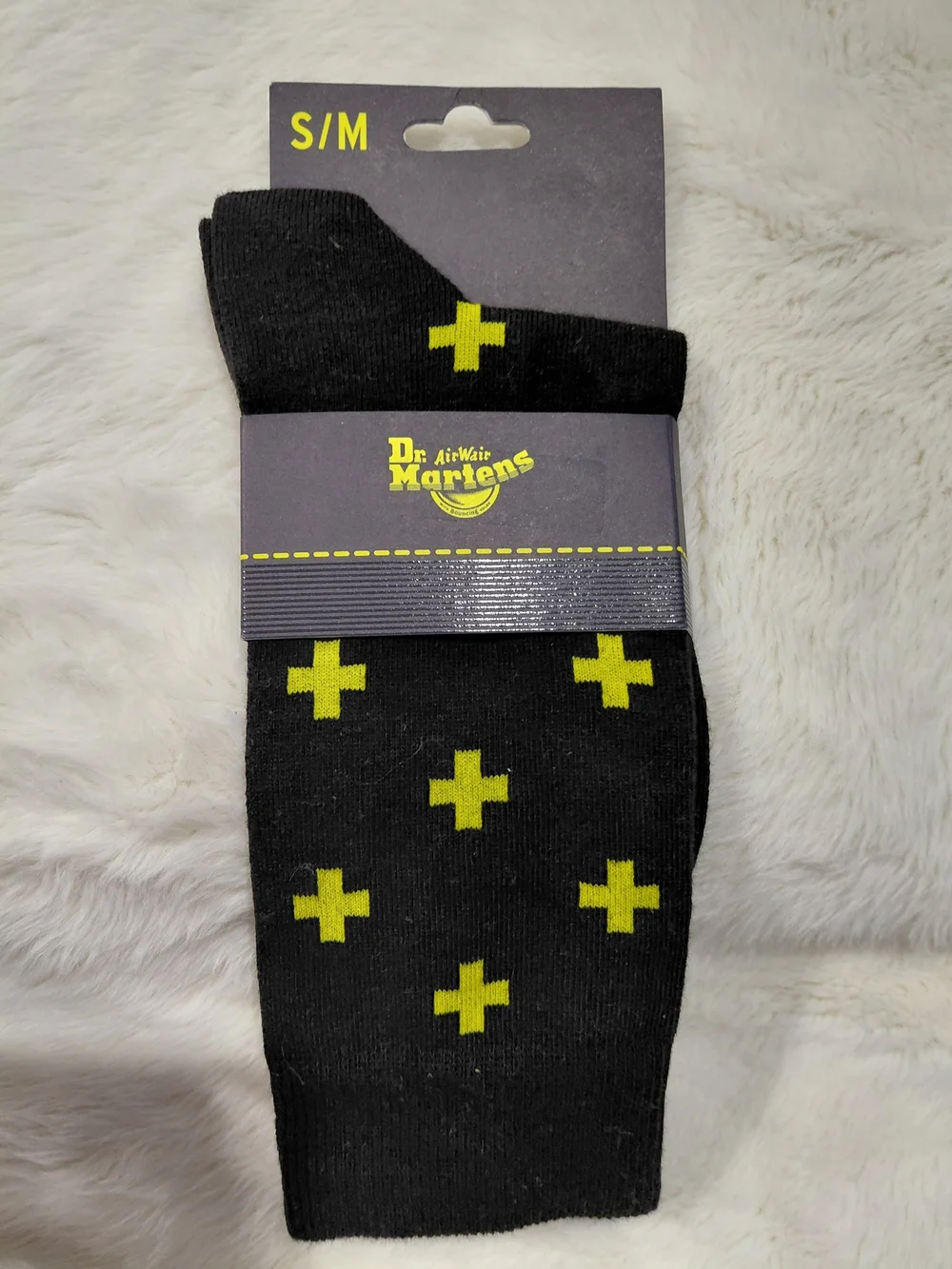 New Dr. Martens Black Crew Socks with Yellow Cross Design